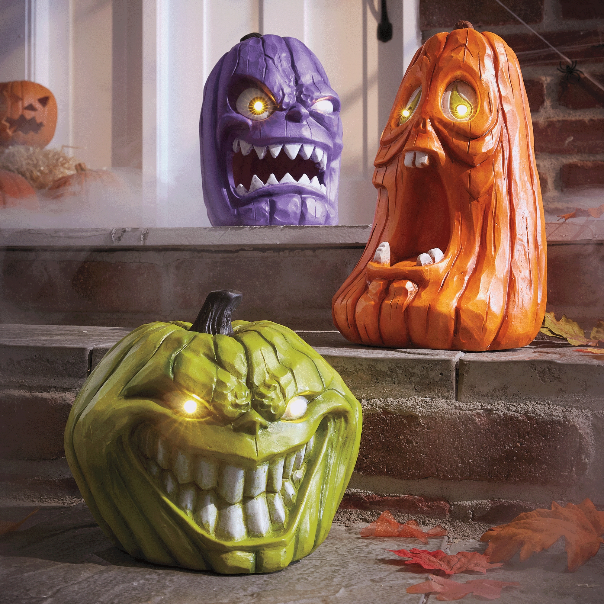 Set of 3 Lit Haunted Pumpkin Heads | Seventh Avenue