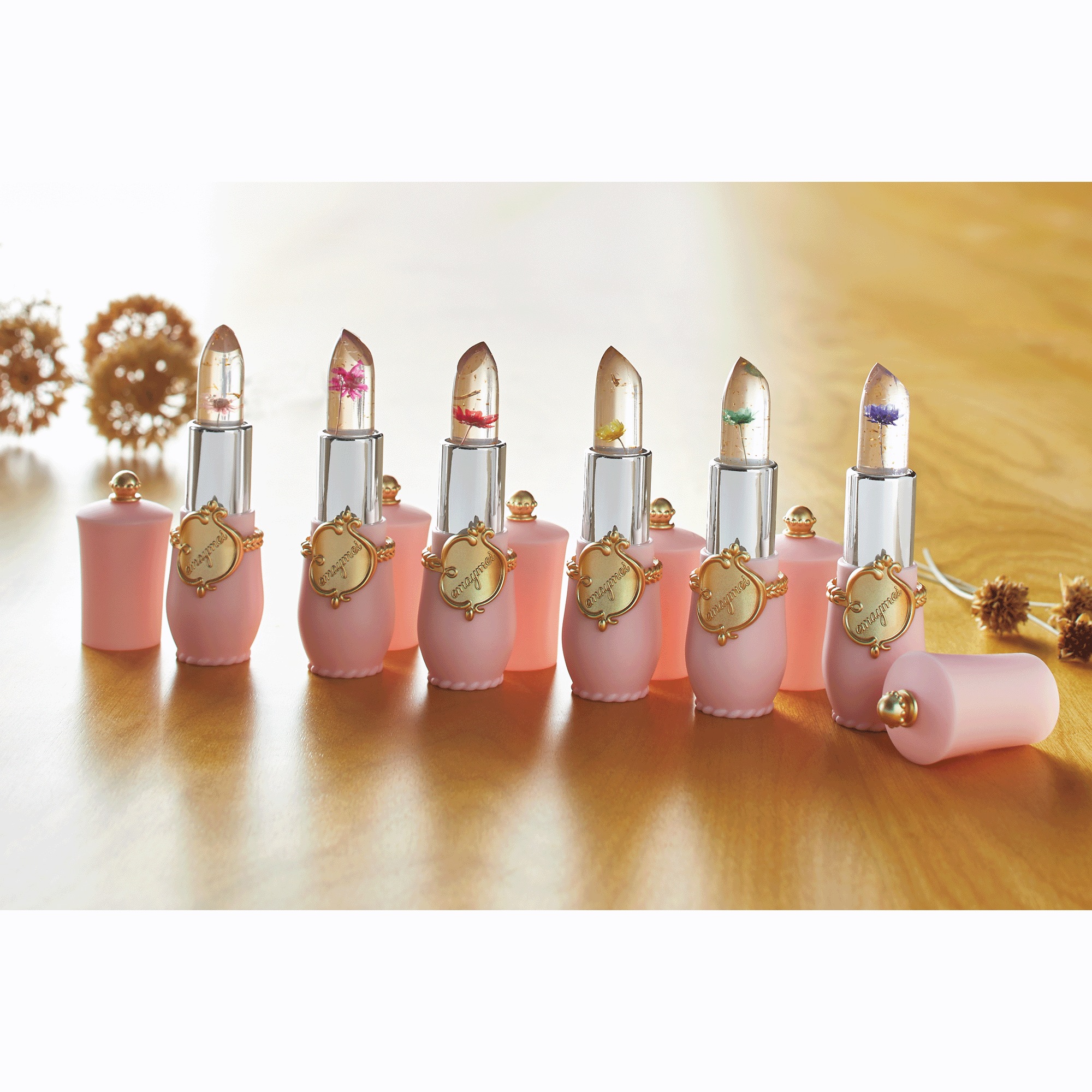 Set of 6 Color-Changing Jelly Lipsticks with Real Flowers and